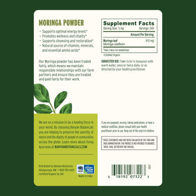 Banyan Botanicals Moringa Leaf Powder - Usda Certified Organic - Moringa Oleifera - Sun Dried - Raw Herbal Superfood - Natural Energy Boost For Optimal Wellness *
