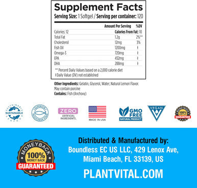 Plantvital Omega 3 Capsules- Pure Norwegian Omega 3 Fish Oil Supplements - Triple Strength- No Fish Flavor- Molecularly Distilled- Cognitive, Joint, Eye, Hair And Heart Health Support-120 Capsules