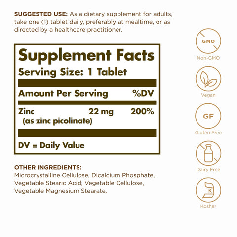 Solgar Zinc Picolinate 22 Mg 100 Tablets (Pack Of 3) - Promotes Healthy Skin - Supports Immune System Normal Taste & Vision - Antioxidant - Non-Gmo Vegan Gluten Free Kosher 300 Total Servings