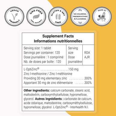 Supersmart LOptiZinc 30 mg Per Day Zinc Antioxidant Supplement Support Healthy Respiratory System NonGMO Gluten Free 120 Tablets