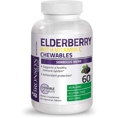 BRONSON Elderberry Chewables with Vitamin C - Berry - 60 Vegetarian Tablets- Adults and Kids Immune Support