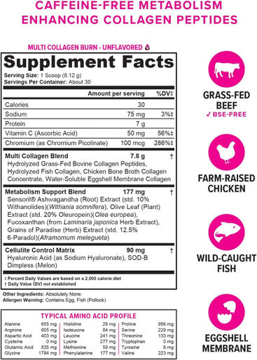 Multi Collagen Burn MultiType Hydrolyzed Collagen Protein Peptides with Hyaluronic Acid Vitamin C SOD B Dimpless Types I II III V and X Collagen Olive Leaf Extract Caffeine Unflavored