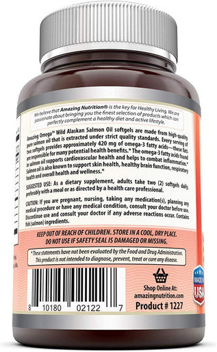 Amazing Nutrition Omega Wild Alaskan Salmon Oil 2000mg Per Serving Softgels Supplement (180 | 2 Pack)