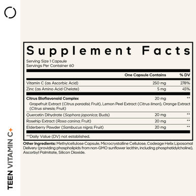 Codeage Teen Vitamin C+ Supplement - Liposomal 250mg Vitamin C for Teenagers - Quercetin Zinc Elderberry & Rosehip Extracts Citrus Bioflavonoids - Ages 12-18 - Gluten-Free Non-GMO - 60 Capsules
