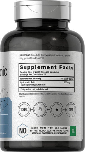 Hyaluronic Acid Supplement | 200 mg | 150 Capsules | Non-GMO and Gluten Free Supplement | by Horbaach