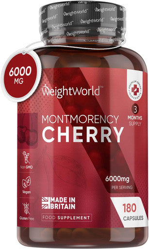 Weightworld Montmorency Cherry Capsules 6000mg - 180 Tart Cherry Capsules(3 Months Supply)- 50:1 Natural Tart Cherry Extract Supplement for Men & Women - Gluten Vegan Lab Tested & Non-GMO - Made in The UK