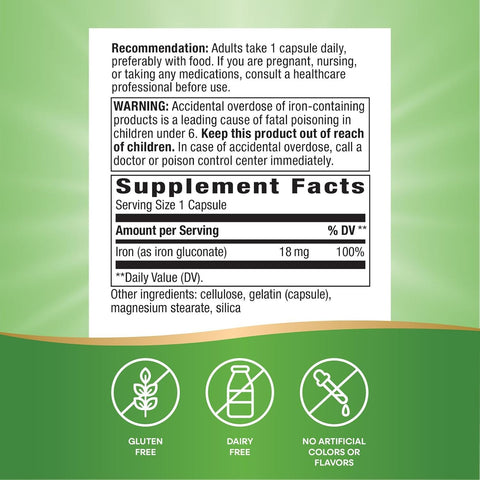 NatureS Way Iron Promotes Healthy Red Blood Cells 18 Mg From Iron Gluconate Per Serving Gluten 100 Capsules (Packaging May Vary)