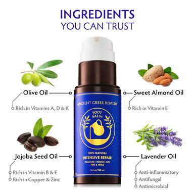 Ancient Greek Remedy Organic Foot Balm for Dry Cracked Feet and Heels, Made of Olive, Almond, Jojoba, Lavender and Vitamin E Oil. Natural Cream Moisturizer for Dry Skin Care for Women, Men