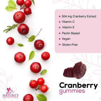 Nature's Nutrition Cranberry Gummies 5X Extract, Urinary Tract Health Support - Vitamin C for Immune Support, Non-GMO, Gluten Free Cranberry Concentrate Supplement Pills for Men & Women - 60 Gummies