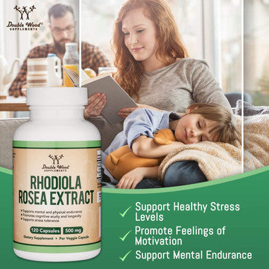 Rhodiola Rosea Supplement 500mg 120 Vegan Capsules Manufactured and Tested in The USA 3 Salidrosides 1 Rosavins Extract for Calming and Motivation by Double Wood Supplements