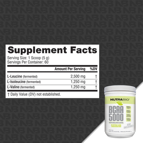 Nutrabio Bcaa 5000 Powder - Fermented Branched Chain Amino Acids For Muscle Growth & Recovery - Natural Flavors Sweeteners And Coloring Vegan Gluten Free - Unflavored 60 Servings