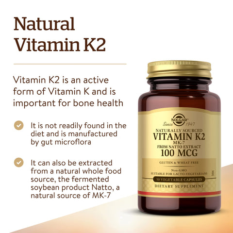 Solgar Naturally Sourced Vitamin K2 (Mk-7) 100 Mcg - 50 Vegetable Capsules - Supports Bone Health - Whole Food Source From Natto Extract - Non-Gmo Gluten Free 50 Total Servings