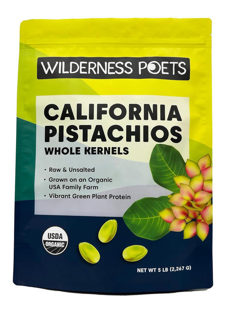 Wilderness Poets, Organic, Whole, Raw Pistachios - Grown in California, Fresh, Bright Green, Unsalted, Unroasted, Bulk Size (32 Ounce - 2 Pound)