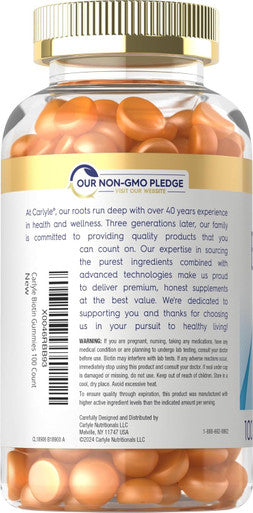 Carlyle Biotin 10000mcg Gummies | 100 Count | Peach Flavor Supplement | Vegan Non-GMO Gluten