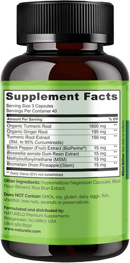 NATURELO Turmeric Curcumin - BioPerine for Better Absorption - Curcuminoids, Black Pepper, Ginger Powder - Plant-Based Joint Support - 120 Vegan Capsules