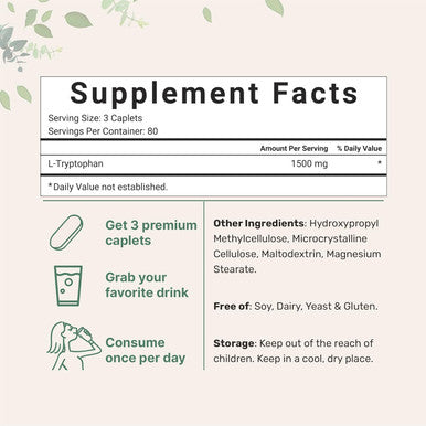 Micro Ingredients L-Tryptophan Supplement 1500mg Per Serving 240 Caplets (500mg Per Caplet) | Essential Amino Acid | Supports Mood and Relaxation | Non-GMO Easy to Swallow