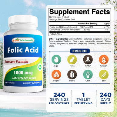 Best Naturals Folic Acid 1000 mcg (Vitamin B9) 240 Tablets