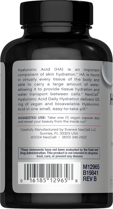 Neocell Hyaluronic Acid Capsules 60 Pills 125 Mg Daily Hydration Hair Skin & Nails Vegan Supplement