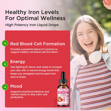 Liquid Iron Supplement For Women Men & Kids Multivitamin Iron Drops With Folate, Vitamin C, B6, B12, Zinc For Anemia, Iron Deficiency, Blood Builder, Energy - Natural Strawberry Flavor, Vegan 4 Fl Oz