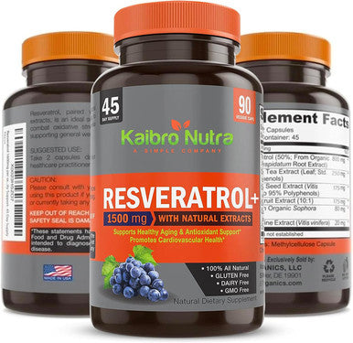 Resveratrol 1500mg per Serving of Organic Trans-Resveratrol & Potent Antioxidants, Pure Extra Strength Complex, Anti-Aging, Radiant Skin and Immunity Support- 45 Day Supply