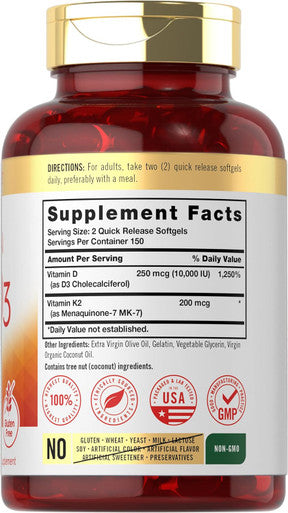 Carlyle Vitamin K2 And D3 Supplement 300 Softgels 200Mcg K2 Mk7 & 10,000 Iu D3 Non-Gmo, Gluten Free