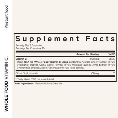 Codeage Whole Food Vitamin C Supplement - Acerola Cherry Camu Camu Amla Berry & Rose HIPS Blend - Citrus Bioflavonoids - Instantfood Energy Vitamins - 500mg Vitamin C Pills - Non-GMO - 60 Capsules