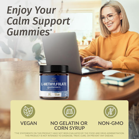 Herbamama L-Methylfolate Gummies - 15Mg 5-Mthf Calming Supplement For Adults - Vegan Non-Gmo Methylated Folate (Vitamin B9) For Brain Support - 60 Pectin-Based Blueberry-Flavored Chews