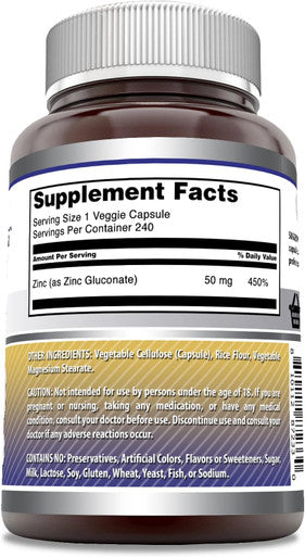Amazing Nutrition Formulas Zinc Gluconate Supplement | 50 Mg Per Serving | 240 Veggie Capsules | Non-GMO | Gluten | Made in USA