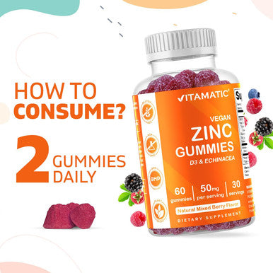 Vitamatic Zinc 50Mg Gummies - 60 Vegan Gummies - Gluten - Healthy Immune Support For Adults, Men, Women