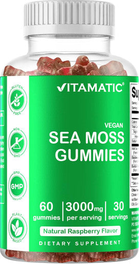 Vitamatic Irish Sea Moss Gummies - 3000 Mg - 60 Vegan Gummies - Made With Bladderwrack & Burdock Root - Seamoss Supplement For Thyroid Energy Immune Support