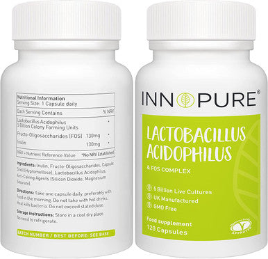 INNOPURE Lactobacillus Acidophilus & Prebiotic 120 Capsules (1 Capsule Daily) 5 Billion CFU + FOS & Inulin Powder for Gut Health