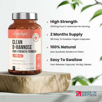 Vitabright D Mannose Capsules (not Tablets) 180 Capsules 1500mg per Serving You Can Open Caps & Mix VitaBright D-Mannose Powder in Drinks for Urine Infection & UTIs Dmannose for Urinary Infections Made in UK