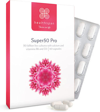 Healthspan Super50 Probiotic | 60 Capsules | Gut Health | with Vitamin D3 | 50 Billion Live Probiotic Cultures | Vitamin B6 | Calcium | Vegetarian