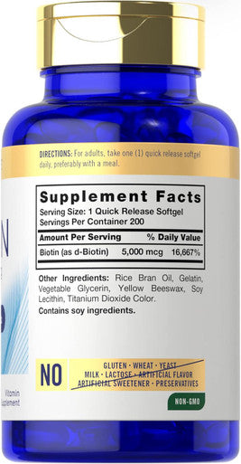 Carlyle Biotin 5000mcg Softgels | 200 Count | Vitamins for Hair Skin and Nails | Non-GMO Gluten Supplement
