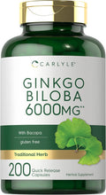Carlyle Ginkgo Biloba Pills | 6000mg | 200 Capsules | Maximum Strength | Non-GMO Gluten Supplement