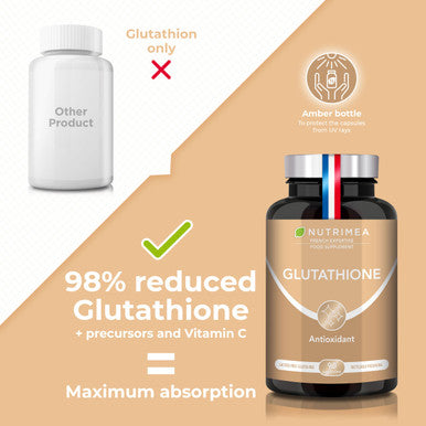 Laboratoires Nutrimea Glutathione - Reduced to 98% - Formula with Precursors Including NAC + Vitamin C - Boosts Immunity Antioxidant Anti-ageing Brighter Skin - 90 Vegan Capsules - Nutrimea - Made in France