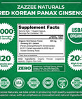Zazzee Usda Organic Red Korean Panax Ginseng 20:1 Extract, 8000 Mg Strength, 5% Ginsenosides, 120 Vegan Capsules, Standardized