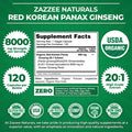 Zazzee Usda Organic Red Korean Panax Ginseng 20:1 Extract, 8000 Mg Strength, 5% Ginsenosides, 120 Vegan Capsules, Standardized