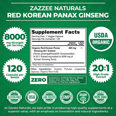 Zazzee Usda Organic Red Korean Panax Ginseng 20:1 Extract, 8000 Mg Strength, 5% Ginsenosides, 120 Vegan Capsules, Standardized