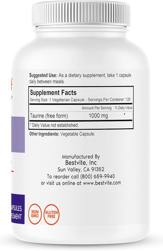 Bestvite Taurine 1000mg (120 Vegetarian Capsules) - No Stearates - No Fillers - No Flow Agents - Vegan - Non GMO - Gluten