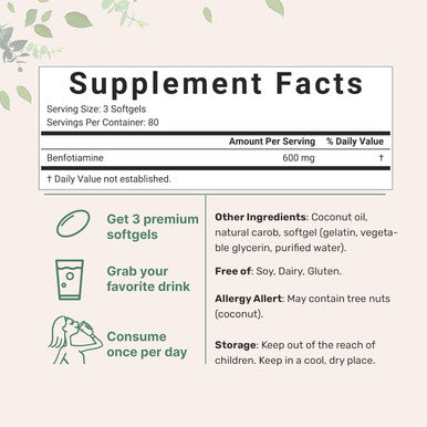 Micro Ingredients Vitamin B1 Benfotiamine 600mg Per Serving 240 Coconut Oil Softgels | Bioavailable B Vitamins Supplement Converted to Active Thiamine | Non-GMO Soy