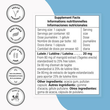 Supersmart Lutein 20 mg Per Day Marigold Extract Standardized to 25 Eye Care Supplement 100 Natural NonGMO Gluten Free 60 Vegetarian Capsules