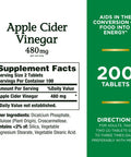 Nature's Bounty Apple Cider Vinegar 480Mg Pills Vegetarian Supplement Plant Based 200 Tablets
