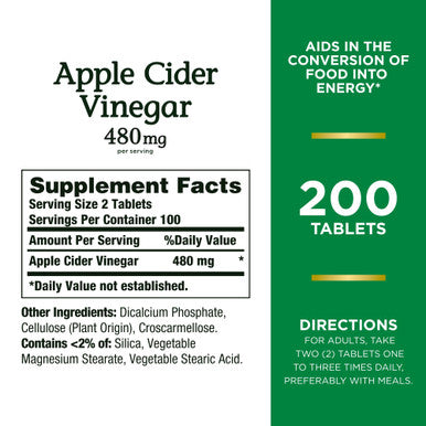 Nature's Bounty Apple Cider Vinegar 480Mg Pills Vegetarian Supplement Plant Based 200 Tablets