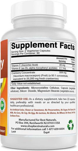 Best Naturals Cranberry Pills 3X Concentrate Veggie Capsule 12600 mg 180 Count (817716010755)