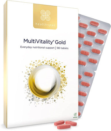 Healthspan Multivitamin Gold (180 Tablets) A-Z Formulation Wellbeing and Immune Support Algal Source Vitamin D3 Vitamins A, B, C, D, E and K Calcium Iron Magnesium Selenium and Zinc Vegan