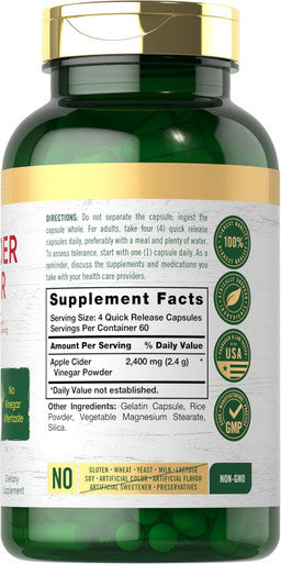 Carlyle Apple Cider Vinegar Capsules | 2400mg | 240 Count | Non-GMO Gluten Supplement