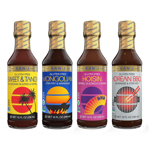 San-J - Spice of Life Variety Pack- Teriyaki, Orange Sauce, Szechuan, Thai Peanut - All Gluten Free Cooking Sauces - Non-GMO - 10 oz. Bottles - 4 Pack