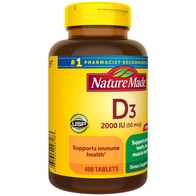 Nature Made Vitamin D3 400 Tablets Mega Size Vitamin D 2000 Iu (50 Mcg) Helps Support Immune Health Strong Bones And Teeth & Muscle Function 250% Of Daily Value For Vitamin D In One Daily Tablet
