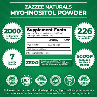Zazzee Myo-Inositol Powder, 226 Servings, 16 Ounces, 2000 Mg Per Serving, Includes Free Scoop For Exact Dosage, 100% Pure, Vegan